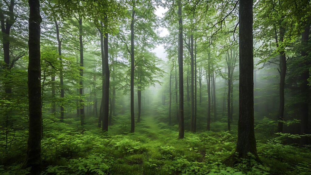 霧の中でも落ち着いて状況を見渡せるようになった心境を表す静かな森の風景