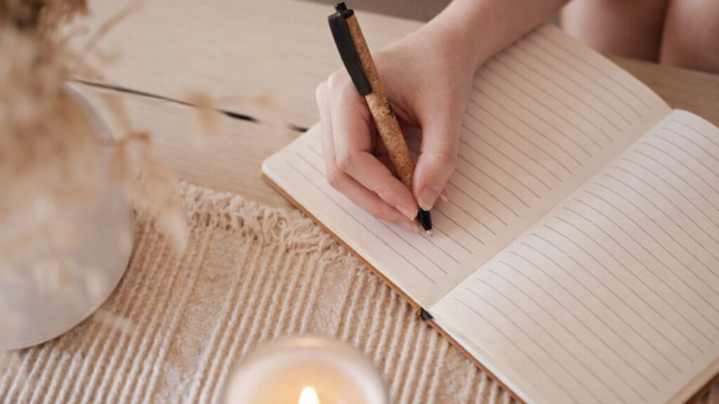 ノートにペンで書きながら、自分の考えを整理している手元の写真