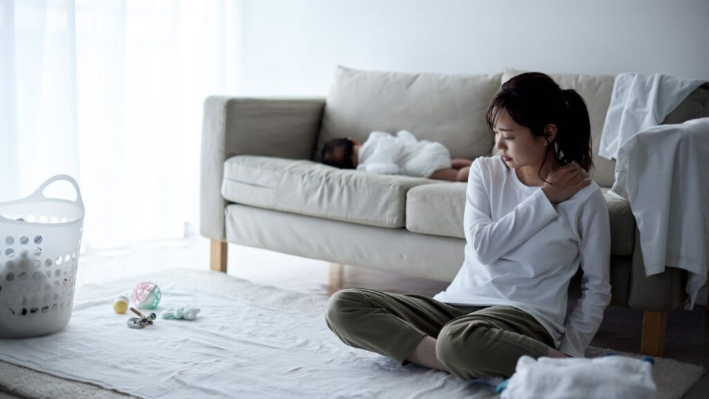 睡眠不足と育児疲れで限界を感じ、夜のリビングで一人ぐったりと座り込む母親のイメージ
