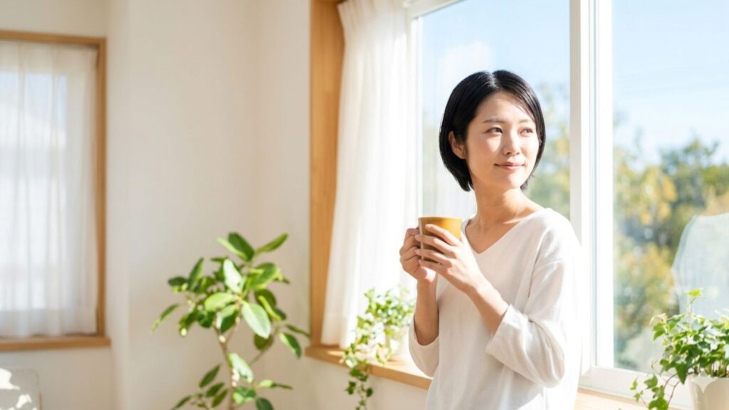 子育ての合間に窓際でコーヒーを飲みながら、静かに一息ついて自分の心を取り戻す母親の姿