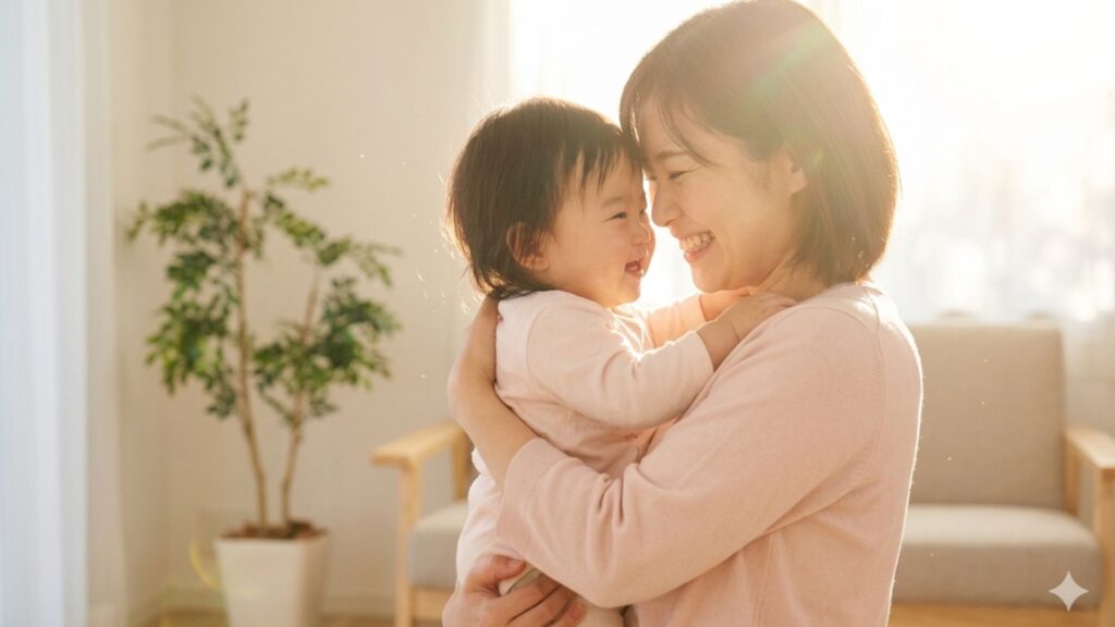 穏やかな光の中で子どもを優しく抱きしめ、お互いに笑顔で過ごす母子の安心感あふれるイメージ